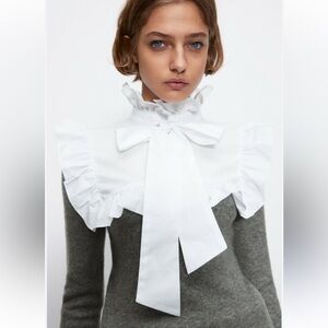 ZARA Combination white bow ruffle grey sweater top women size medium